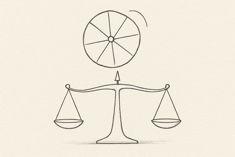 Handgetekend rad balanceert boven een weegschaal; het beeld vangt de opluchting wanneer toeval complexe keuzes eerlijk en licht maakt.